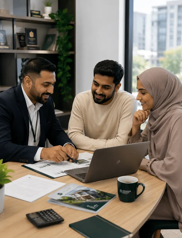 A couple reviewing finance guides with an Afiyah specialist